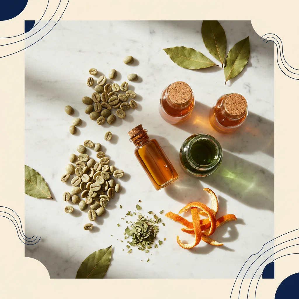 Flat-lay of botanical raw materials including green coffee beans, herbal tinctures, dried green leaves and orange peel strips on white marble