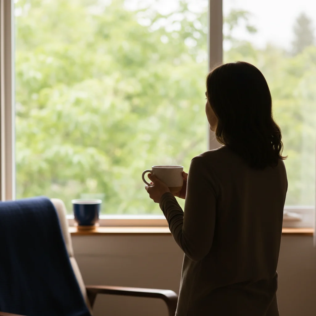 Anonymous person from behind holding a warm coffee mug, looking out through a bright window at greenery